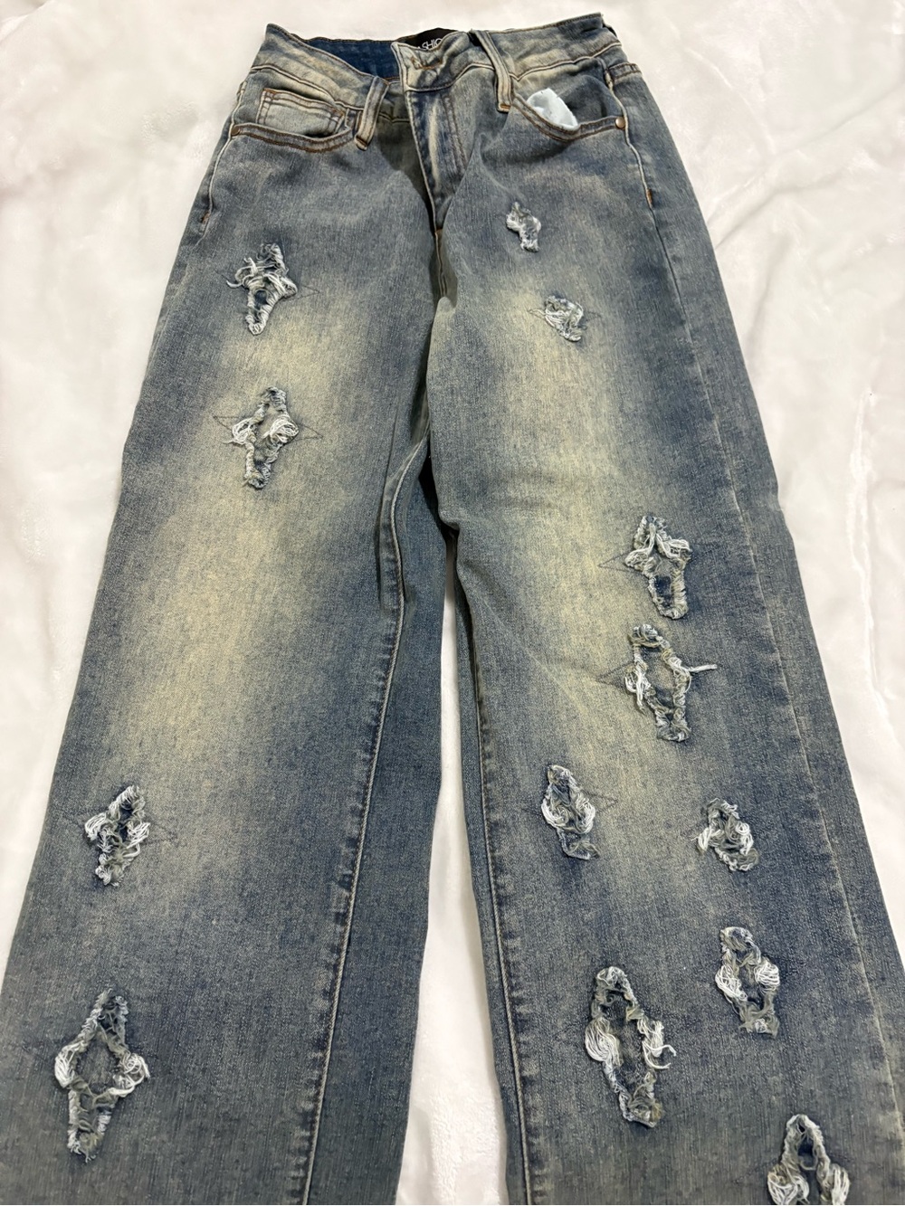 Fashion Nova Distressed Light Blue Wide-Leg Jeans